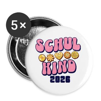 Schulkind 2026 Kinder T-Shirt Retro Einschulung - Buttons groß 56 mm (5er Pack) - Weiß - Vorne