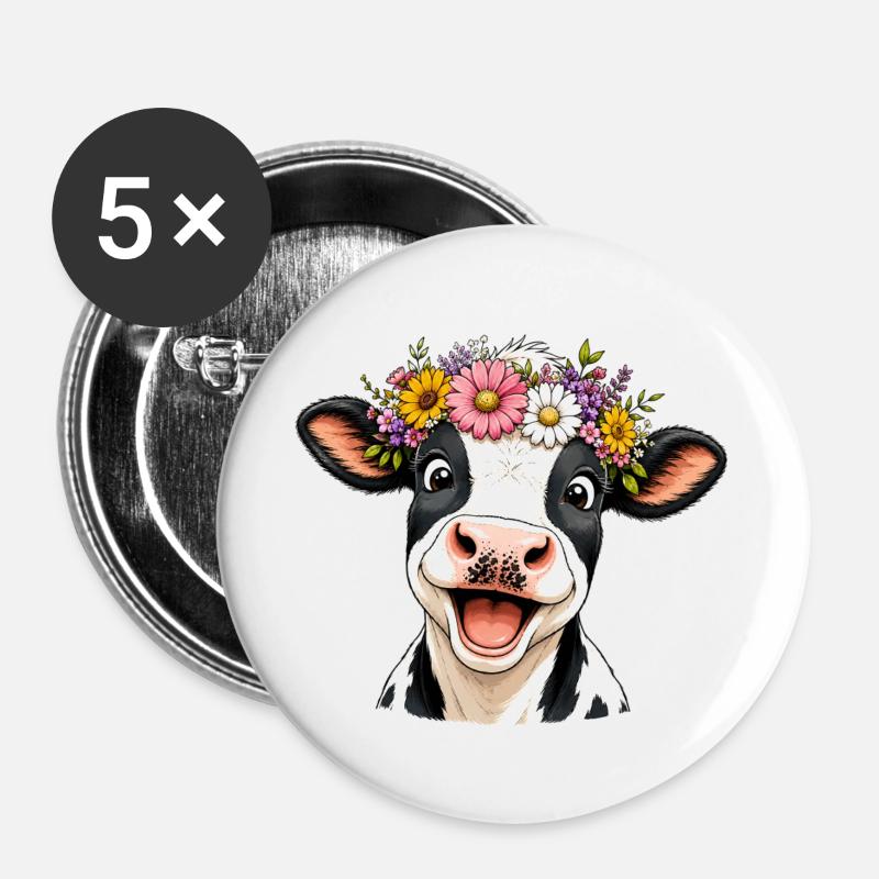 Cow with flower wreath - Buttons large 2.2''/56 mm (5-pack) - white