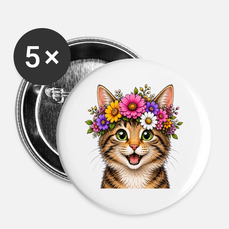 Cat with floral decoration - Buttons large 2.2''/56 mm (5-pack) - white