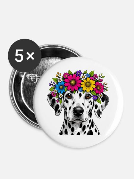 Dalmatiner mit Blumenkranz - Buttons groß 56 mm (5er Pack) - Weiß