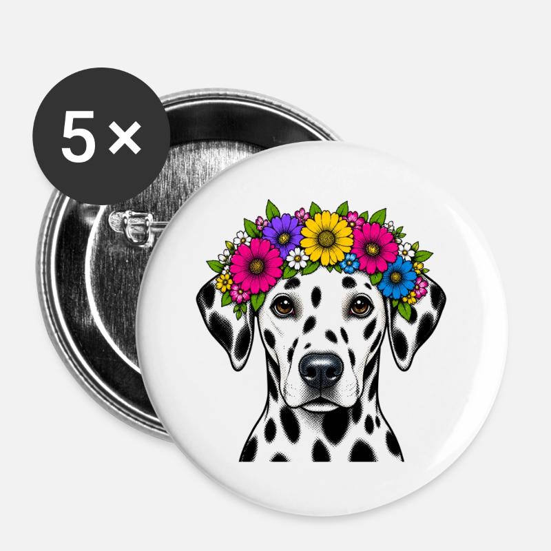 Dalmatian with Flower Crown - Buttons large 2.2''/56 mm (5-pack) - white