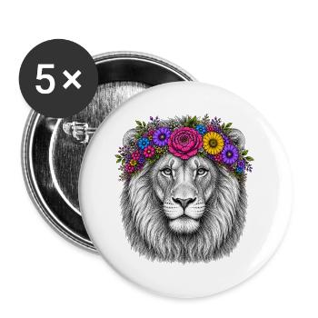 Löwenkopf mit Blumenkranz - Buttons groß 56 mm (5er Pack) - Weiß - Vorne