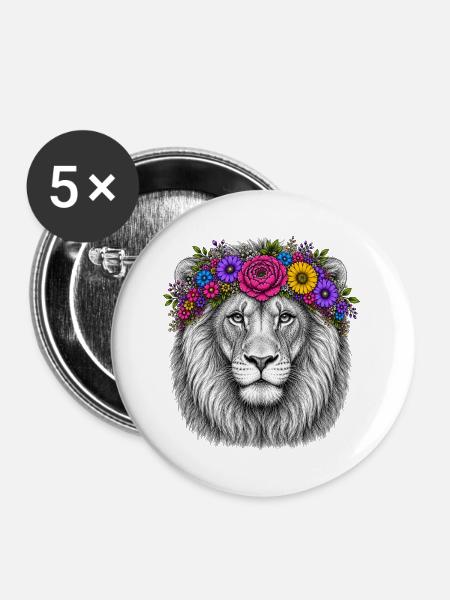 Löwenkopf mit Blumenkranz - Buttons groß 56 mm (5er Pack) - Weiß
