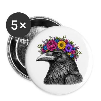 Crow's Head with Flower Crown - Buttons large 2.2''/56 mm (5-pack) - white - Front