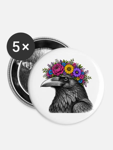 Crow's Head with Flower Crown - Buttons large 2.2''/56 mm (5-pack) - white
