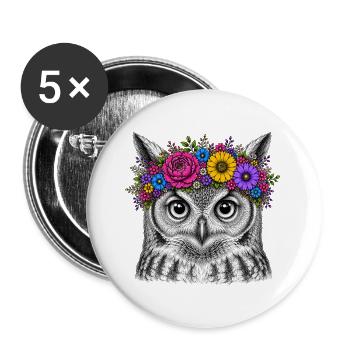 Tête de hibou avec couronne de fleurs - Lot de 5 grands badges (56 mm) - blanc - Devant