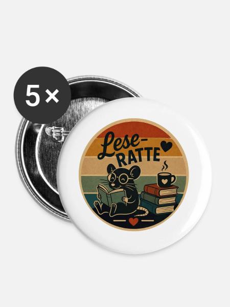Leseratte Retro - Buttons groß 56 mm (5er Pack) - Weiß