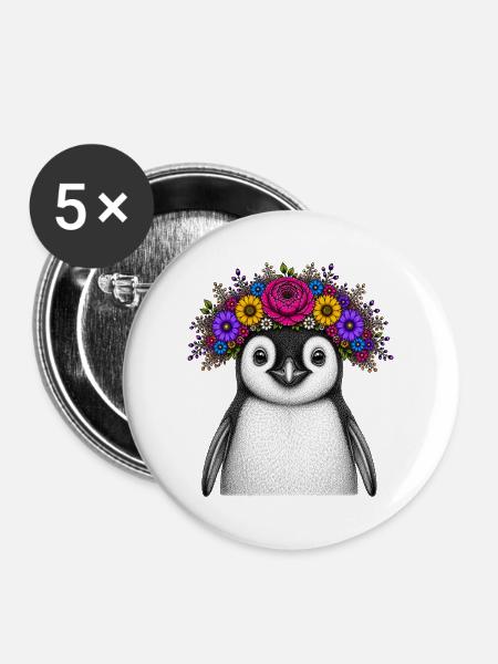 Penguin with flower crown - Buttons large 2.2''/56 mm (5-pack) - white
