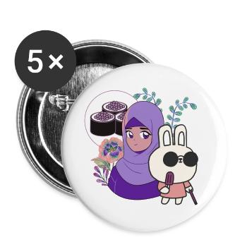 Kawaii Sushi & Hase mit Spazierstock - Buttons groß 56 mm (5er Pack) - Weiß - Vorne