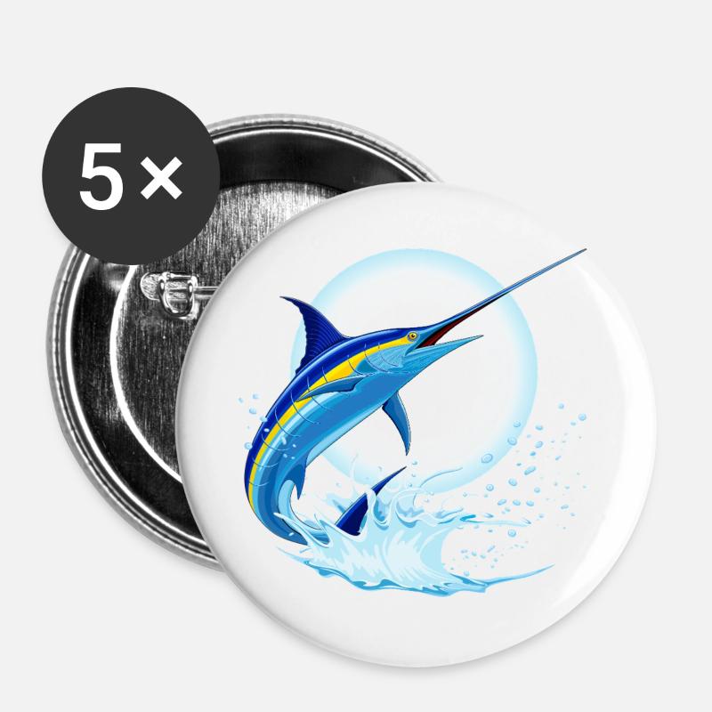 Blauer Marlin-Schwertfisch springt aus dem Ozean - Buttons groß 56 mm (5er Pack) - Weiß