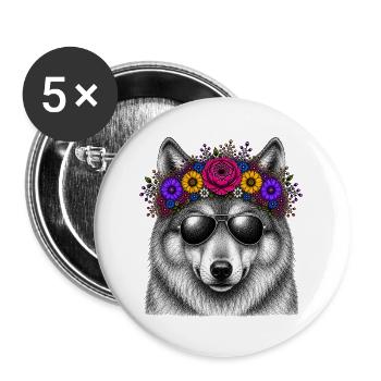 Wolf mit Blütenkranz und Sonnenbrille - Buttons groß 56 mm (5er Pack) - Weiß - Vorne