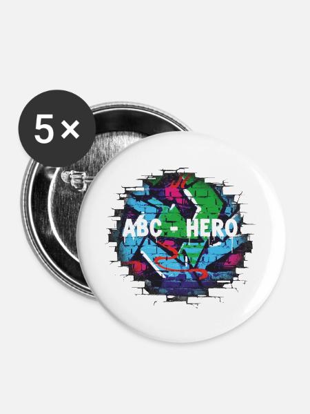 ABC HERO Graffiti Wanddesign - Buttons groß 56 mm (5er Pack) - Weiß
