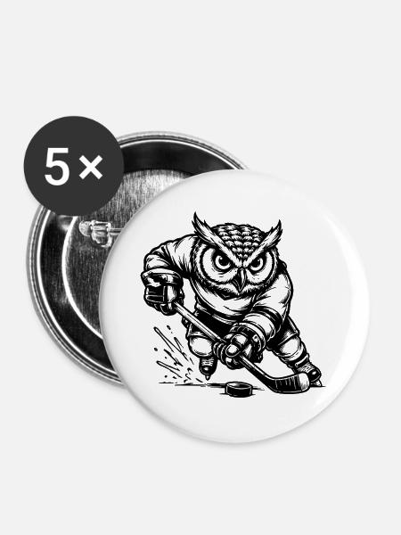 Eishockey Eule Spieler mit Puck Ausmalbild - Buttons groß 56 mm (5er Pack) - Weiß