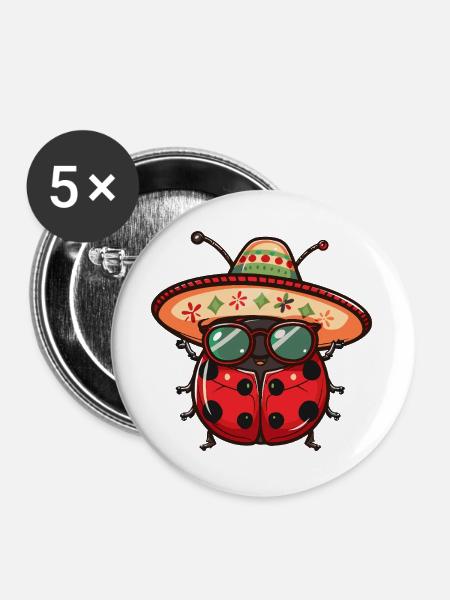 Marienkäfer Sombrero - Buttons groß 56 mm (5er Pack) - Weiß