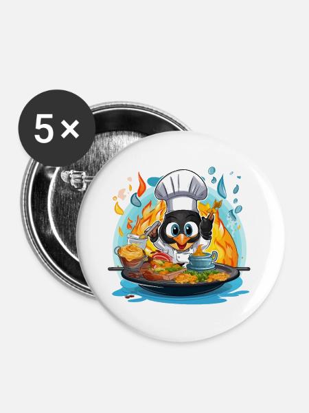 Pinguin Chef im Flammenofen - Buttons groß 56 mm (5er Pack) - Weiß