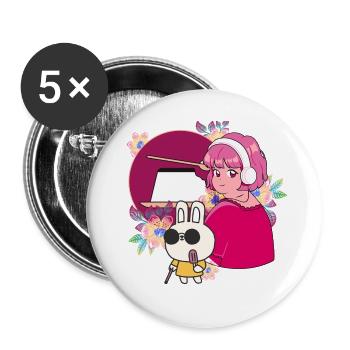 Manga-Mädchen mit Kopfhörern und blindem Kaninchen - Buttons groß 56 mm (5er Pack) - Weiß - Vorne