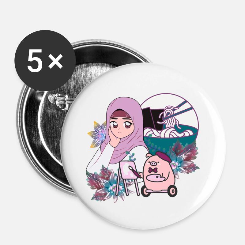 Mangaka, Ramen et Cochon en fauteuil roulant - Lot de 5 grands badges (56 mm) - blanc