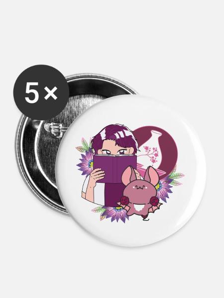 Manga-Leser, Sake und Fledermaus mit Prothese - Buttons groß 56 mm (5er Pack) - Weiß