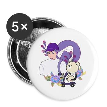Onigiri Snack & Bär auf dem Elektroroller - Buttons groß 56 mm (5er Pack) - Weiß - Vorne
