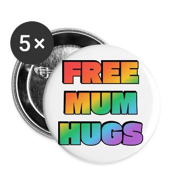 Kostenlose Mama-Umarmungen Regenbogentext LGBT-PRIDE - Buttons groß 56 mm (5er Pack) - Weiß - Vorne