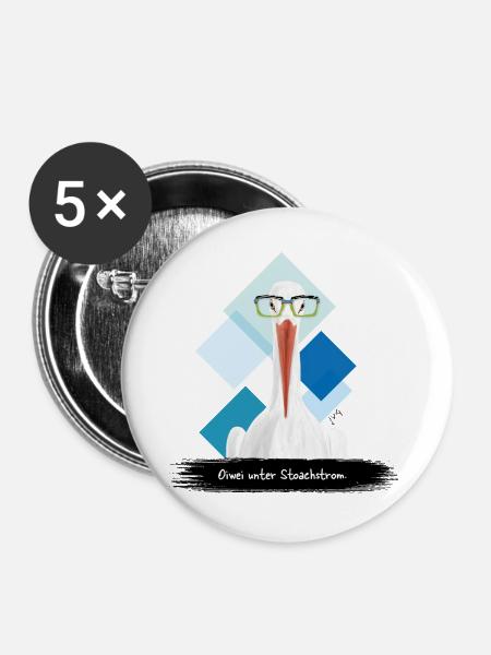 JvG Storch "Oiwei unter Stoachstrom." - Buttons groß 56 mm (5er Pack) - Weiß