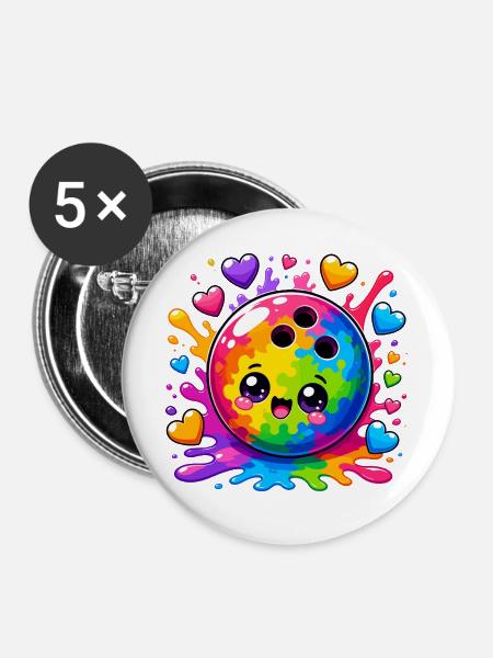 Kunterbunte Bowlingkugel mit Herzen - Buttons groß 56 mm (5er Pack) - Weiß