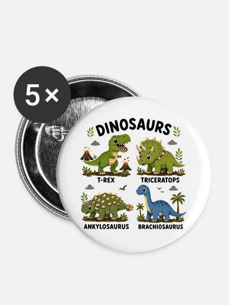 Dinosaurierarten lernen für Kinder - Buttons groß 56 mm (5er Pack) - Weiß