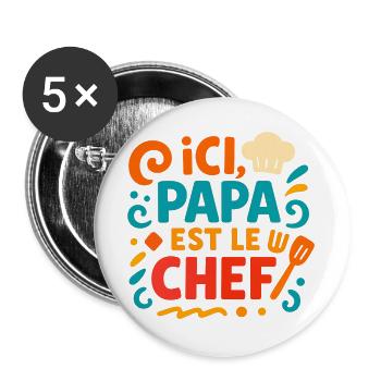 Papa est le chef – design cuisine - Lot de 5 grands badges (56 mm) - blanc - Devant