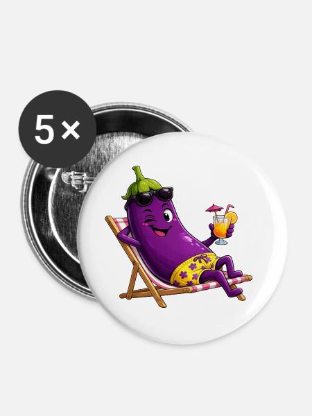 Aubergine im Urlaub in der Sonne - Buttons groß 56 mm (5er Pack) - Weiß