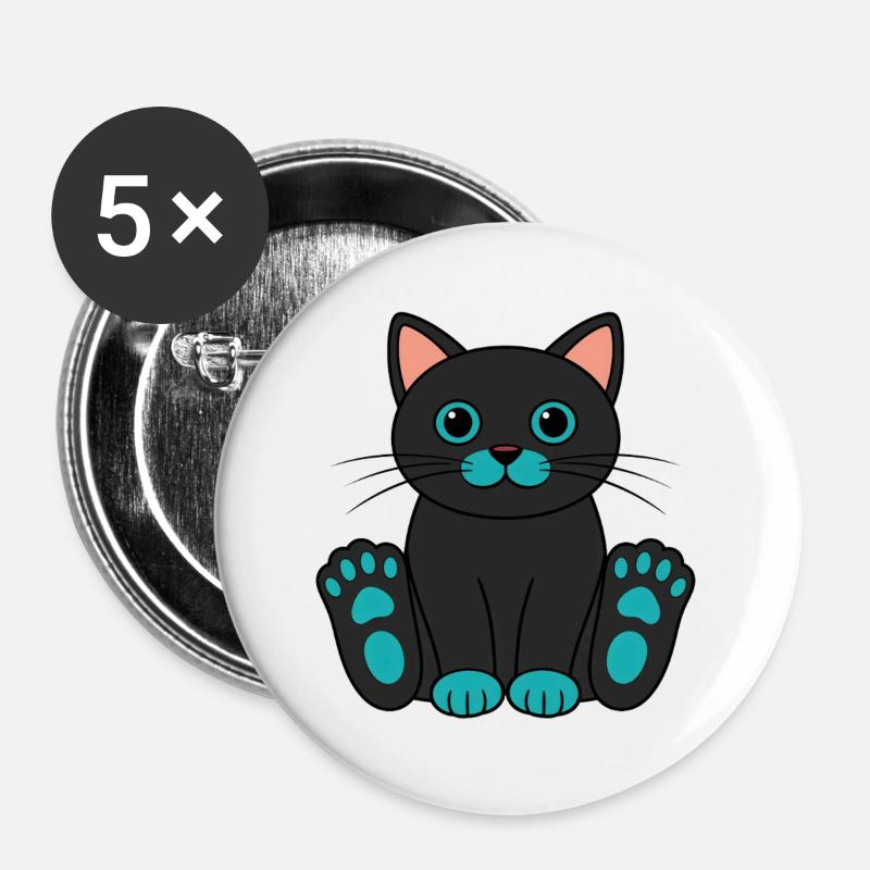 Black Cartoon Cat Turquoise Paws Eyes - Buttons large 2.2''/56 mm (5-pack) - white