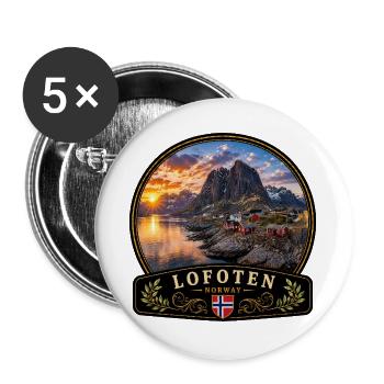 Lofoten Norwegen Reine Rorbu Hafenstadt Fjord  - Buttons groß 56 mm (5er Pack) - Weiß - Vorne