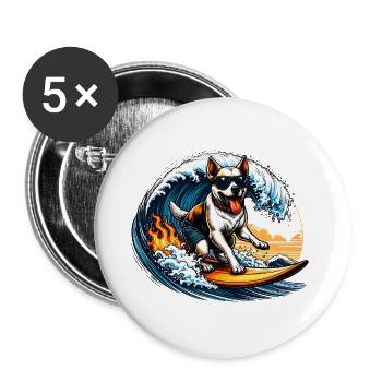 Hund als Wellenreiter auf einem Surfbrett - Buttons groß 56 mm (5er Pack) - Weiß - Vorne