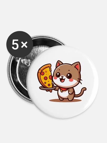 Kätzchen Pizza Freude - Buttons groß 56 mm (5er Pack) - Weiß