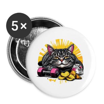 Faule Katze mit Chips und Hanteln - Buttons groß 56 mm (5er Pack) - Weiß - Vorne