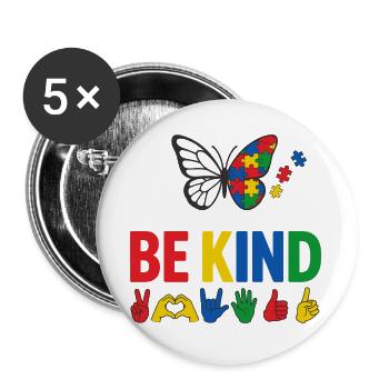 Autismus Sei freundlich Bewusstsein | Bunter Schmetterling - Buttons groß 56 mm (5er Pack) - Weiß - Vorne