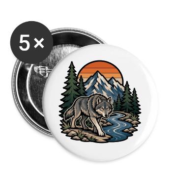 Loup et montagnes au coucher de soleil - Lot de 5 grands badges (56 mm) - blanc - Devant