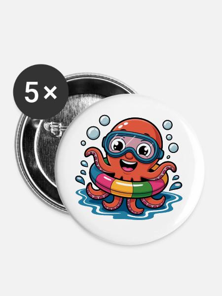 Bunter Oktopus mit Schwimmring & Taucherbrille - Buttons groß 56 mm (5er Pack) - Weiß