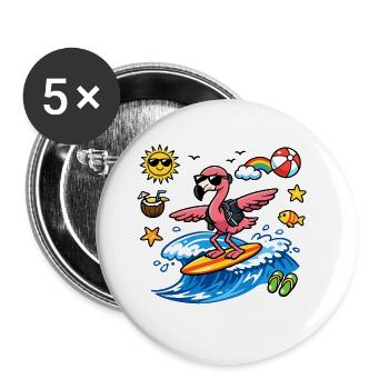 Surfer flamingo on wave - Buttons large 2.2''/56 mm (5-pack) - white - Front