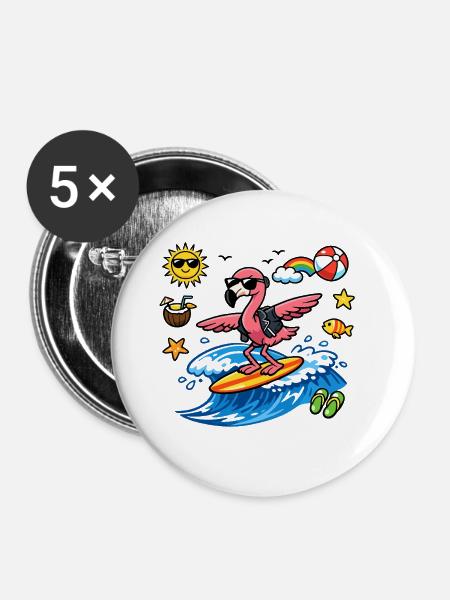 Surfer Flamingo auf Welle - Buttons groß 56 mm (5er Pack) - Weiß