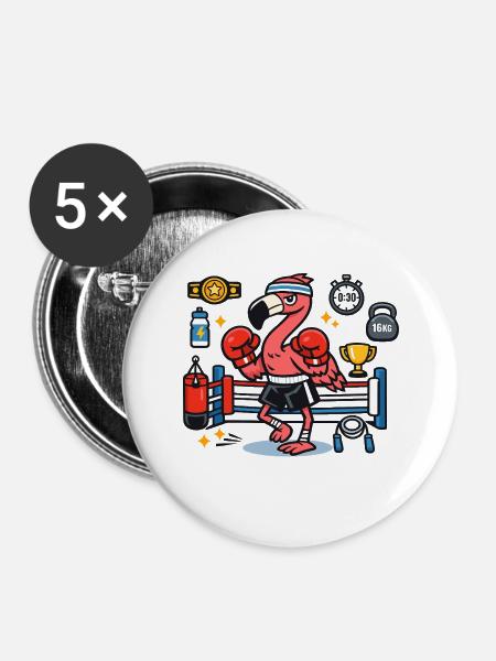 Flamingo Boxkampf im Ring - Buttons groß 56 mm (5er Pack) - Weiß
