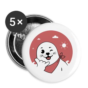 Zwinkerndes Robbenzeichen mit einem Bandana und werfendem Shaka-Zeichen - Buttons groß 56 mm (5er Pack) - Weiß - Vorne
