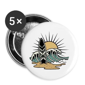 Surfboard Waves Ocean Sun Retro Tattoo - Buttons large 2.2''/56 mm (5-pack) - white - Front