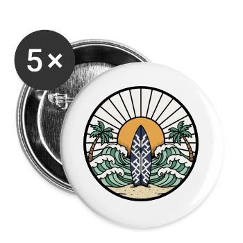 Surfbrett, Palmen, Wellen, Ozean – Retro-Abzeichen - Buttons groß 56 mm (5er Pack) - Weiß - Vorne