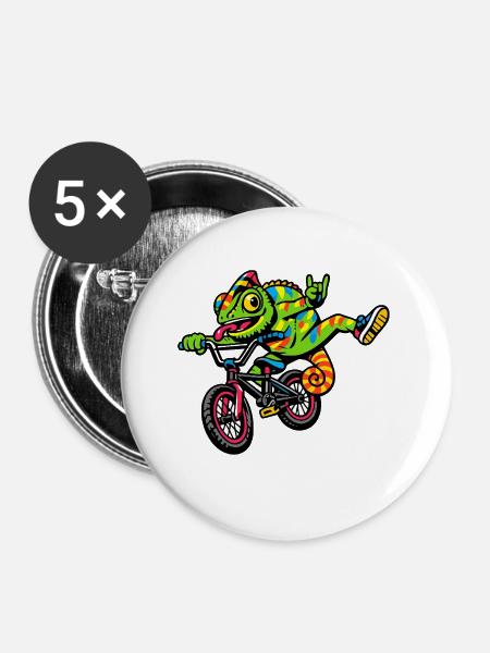 Gecko auf BMX: bunte Fahrt - Buttons groß 56 mm (5er Pack) - Weiß