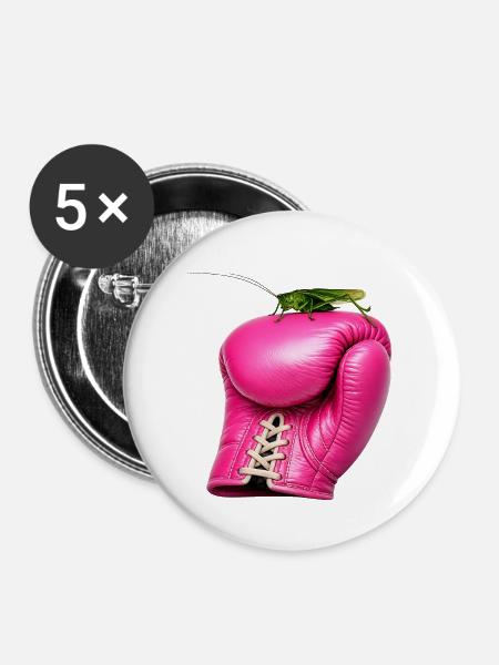 Pinker Boxhandschuh mit Heuschrecke - Buttons groß 56 mm (5er Pack) - Weiß