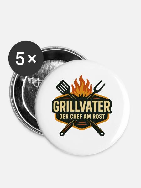 Grillvater – Der Chef am Rost - Buttons groß 56 mm (5er Pack) - Weiß