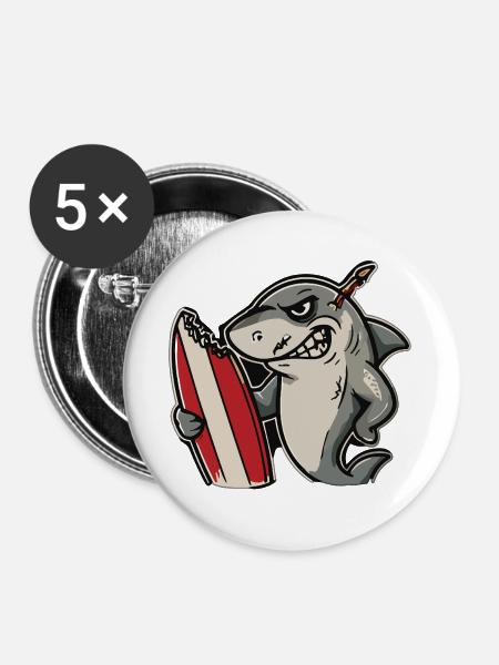 Hai-Surfer mit Surfboard - Buttons groß 56 mm (5er Pack) - Weiß