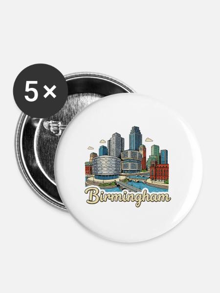 Birmingham Canal Skyline Retro Handgezeichnetes Abzeichen - Buttons groß 56 mm (5er Pack) - Weiß