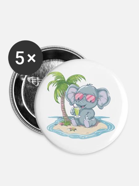 Elefant Sommer Palme - Buttons groß 56 mm (5er Pack) - Weiß