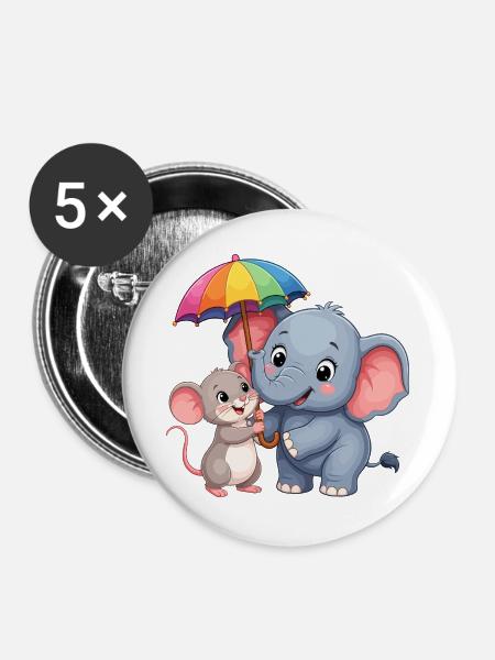 Bunter Elefant mit Regenbogen Schirm - Buttons groß 56 mm (5er Pack) - Weiß